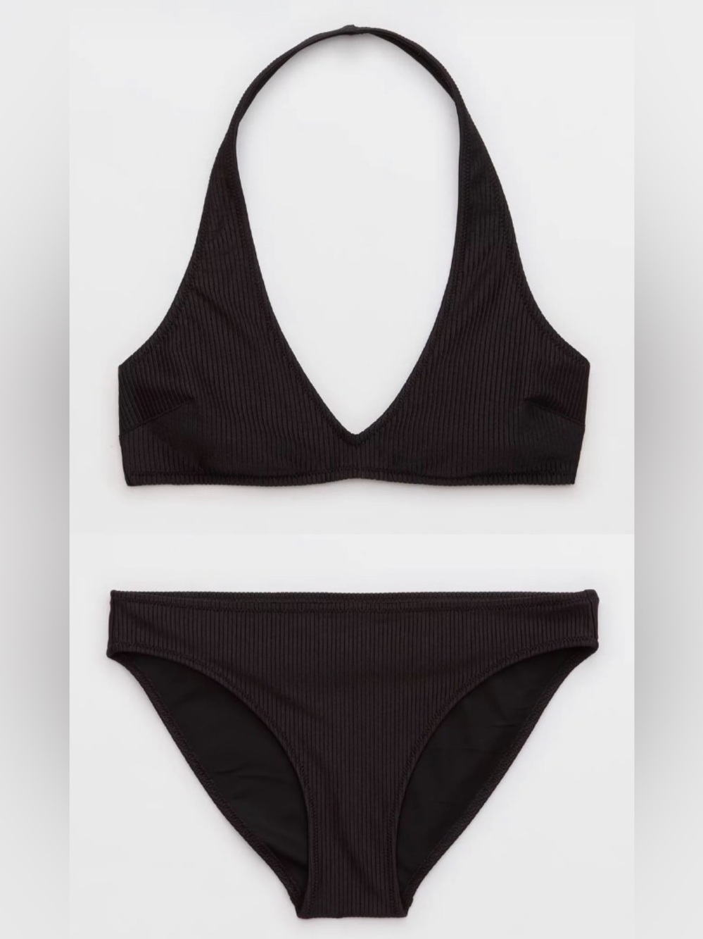 NWT Aerie FULL SET Shine Rib Halter Top + Full Coverage Bottom in Black - Sz XS